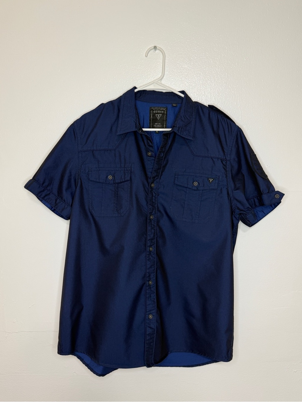 Guess Men’s XL Navy Utility Button Down Shirt Short Sleeve